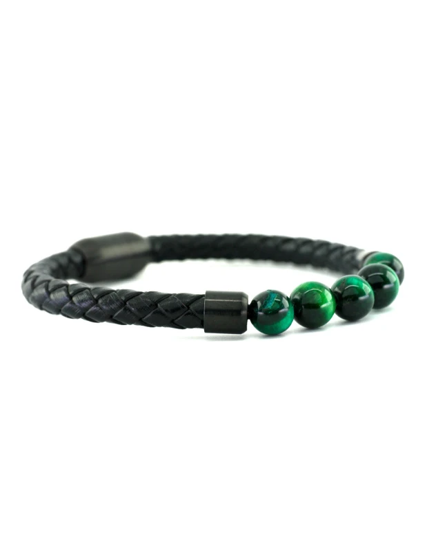 Pulsera masculina con cuentas verdes de cuero negro BARRY