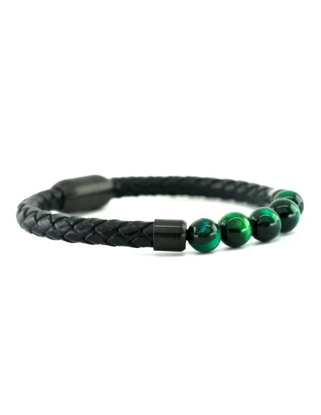 Herenarmband met groene kralen van zwart leer BARRY