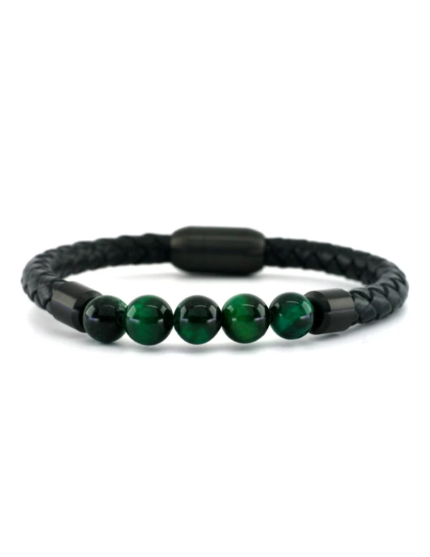 Pulsera masculina con cuentas verdes de cuero negro BARRY