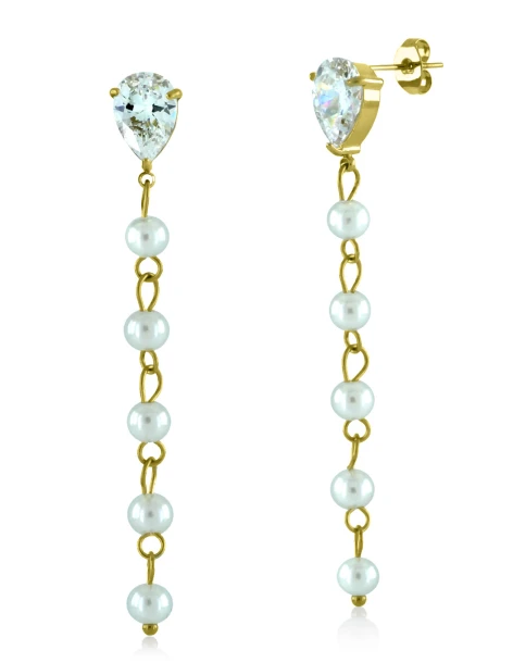 Boucles d'oreilles longues pendantes avec une perle en acier doré LAYIA