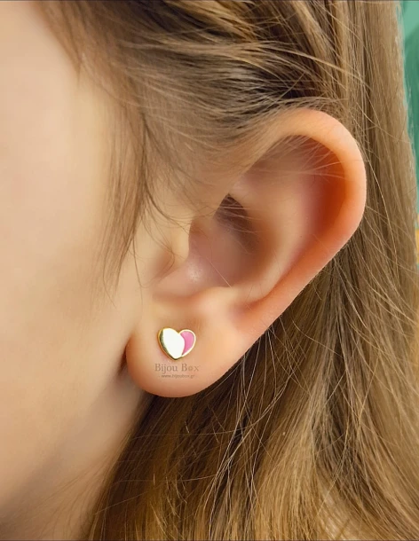 Boucles d'oreilles puces pour filles en argent 925, cœur doré TRAIO 2