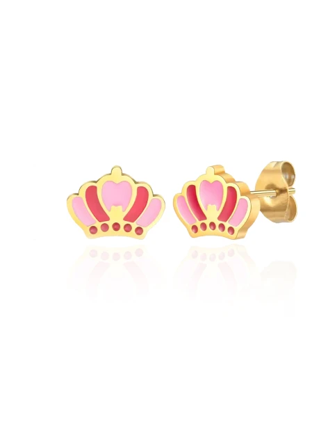 Boucles d'oreilles pour enfants couronne rose en acier doré HER
