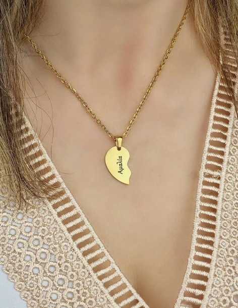 Hartketting-set voor koppels / best friends met je eigen tekst van goudkleurig staal VIVOR 2