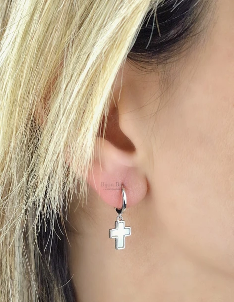 Boucles d'oreilles créoles avec croix pendante en argent 925 SAIN 2