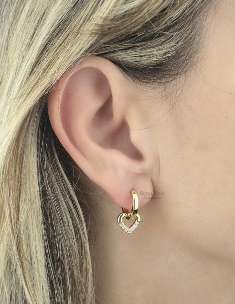 Boucles d’oreilles créoles avec cœur et zircon 14 mm en Acier inoxydabledoré PULS 2