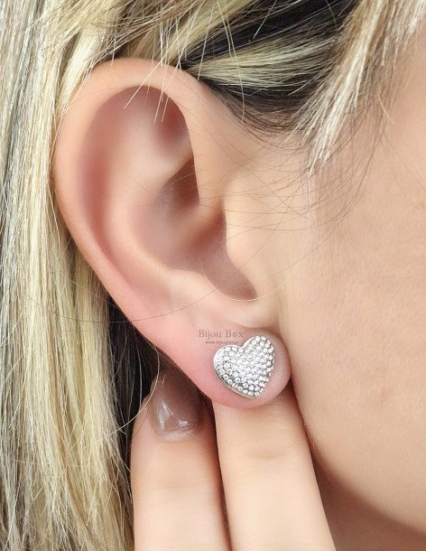 Boucles d'oreilles puces en forme de cœur avec zircone transparente en acier argenté ELINA 2